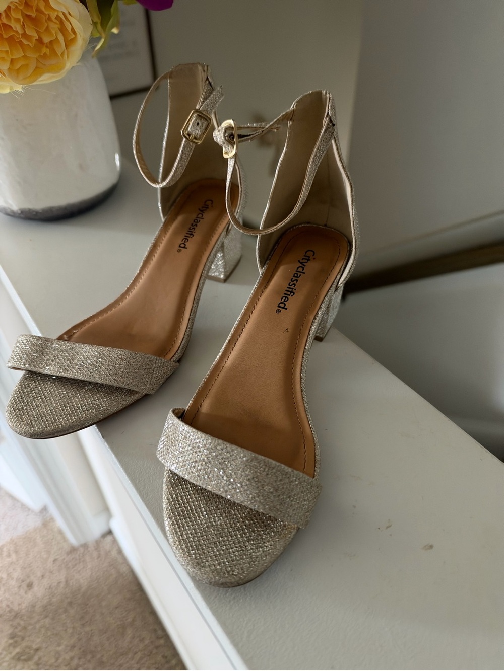 Cityclassified Sparkling Gold Ankle-Strap Block Heel Sandals